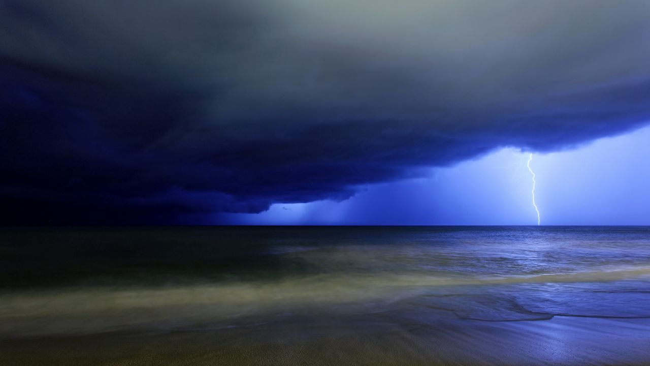 Wallpaper lightning, blow, sky, dark blue, gloomy, clouds, storm, sea