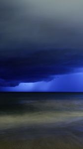 Preview wallpaper lightning, blow, sky, dark blue, gloomy, clouds, storm, sea