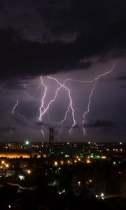 Preview wallpaper lightning, city, night, sky, clouds