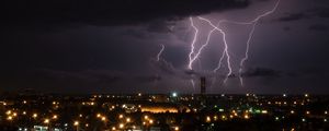 Preview wallpaper lightning, city, night, sky, clouds