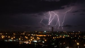 Preview wallpaper lightning, city, night, sky, clouds