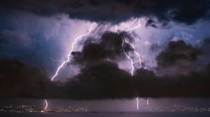 Preview wallpaper lightning, clouds, sea, night, storm