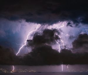 Preview wallpaper lightning, clouds, sea, night, storm