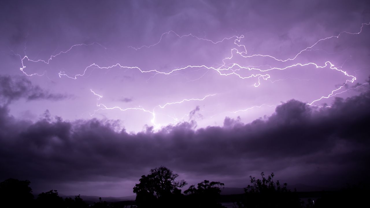 Wallpaper lightning, clouds, trees, purple, nature, dark