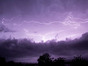 Preview wallpaper lightning, clouds, trees, purple, nature, dark