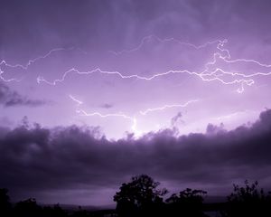 Preview wallpaper lightning, clouds, trees, purple, nature, dark
