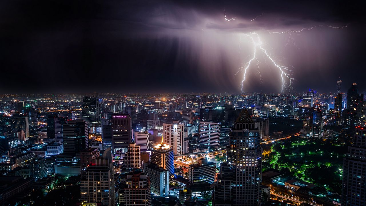 Wallpaper lightning, night city, city lights, overcast, bangkok, thailand