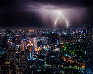Preview wallpaper lightning, night city, city lights, overcast, bangkok, thailand