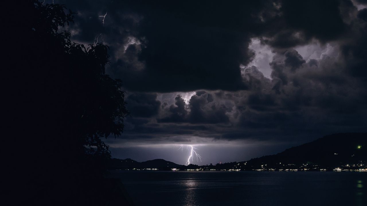 Wallpaper lightning, night, overcast, clouds, river