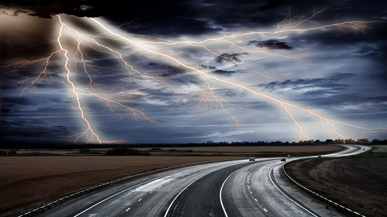 Wallpaper lightning, road, asphalt, elements, sky, bad weather, car, movement, category