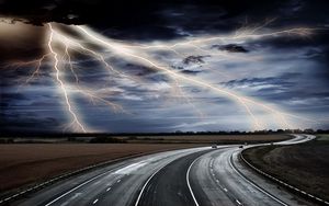 Preview wallpaper lightning, road, asphalt, elements, sky, bad weather, car, movement, category