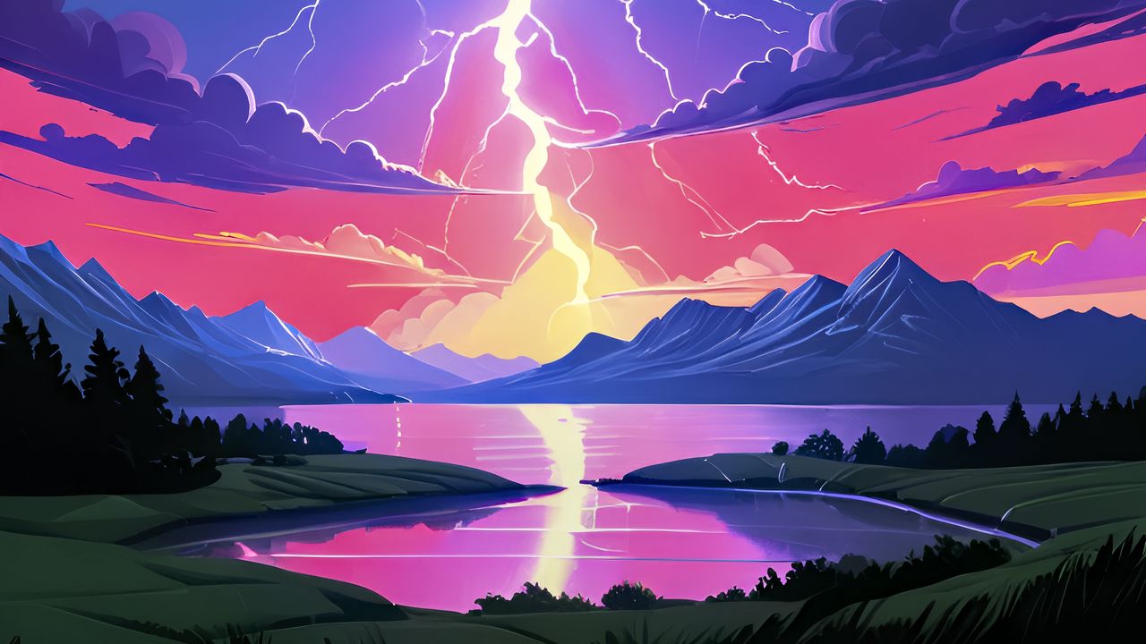 Wallpaper lightning, sky, nature, lake, art