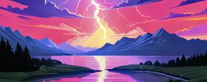 Preview wallpaper lightning, sky, nature, lake, art