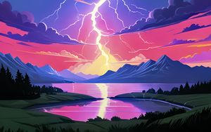 Preview wallpaper lightning, sky, nature, lake, art