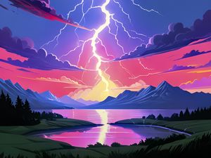 Preview wallpaper lightning, sky, nature, lake, art