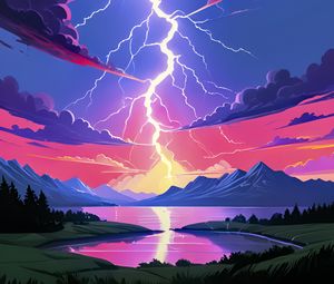 Preview wallpaper lightning, sky, nature, lake, art