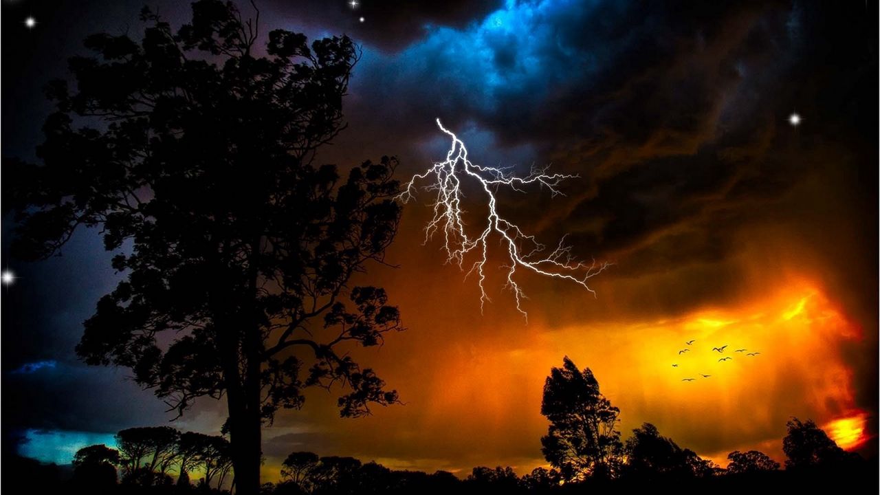 Wallpaper lightning, sky, trees, outlines, stars, bad weather, night, orange, birds