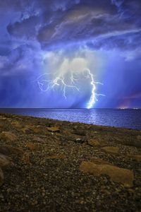 Preview wallpaper lightning, storm, lake, overcast, shore, night