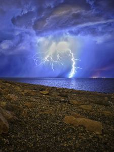 Preview wallpaper lightning, storm, lake, overcast, shore, night