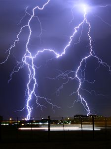 Preview wallpaper lightning, thunderstorm, city lights, cloudy, night, sky