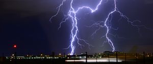 Preview wallpaper lightning, thunderstorm, city lights, cloudy, night, sky