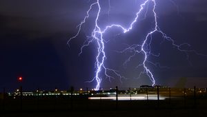 Preview wallpaper lightning, thunderstorm, city lights, cloudy, night, sky