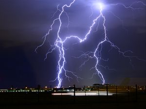 Preview wallpaper lightning, thunderstorm, city lights, cloudy, night, sky