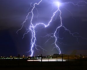 Preview wallpaper lightning, thunderstorm, city lights, cloudy, night, sky