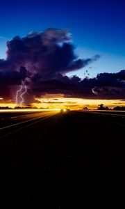 Preview wallpaper lightning, thunderstorm, overcast, road, night, traffic