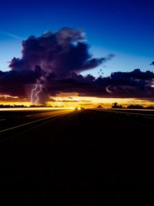 Preview wallpaper lightning, thunderstorm, overcast, road, night, traffic