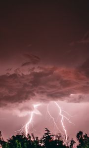 Preview wallpaper lightning, thunderstorm, pink, trees