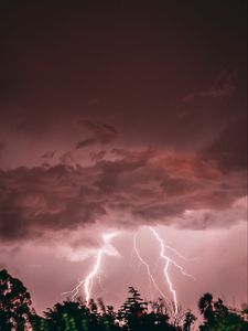 Preview wallpaper lightning, thunderstorm, pink, trees