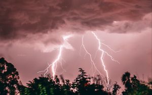 Preview wallpaper lightning, thunderstorm, pink, trees