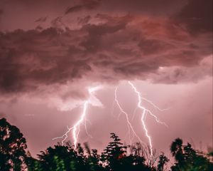 Preview wallpaper lightning, thunderstorm, pink, trees