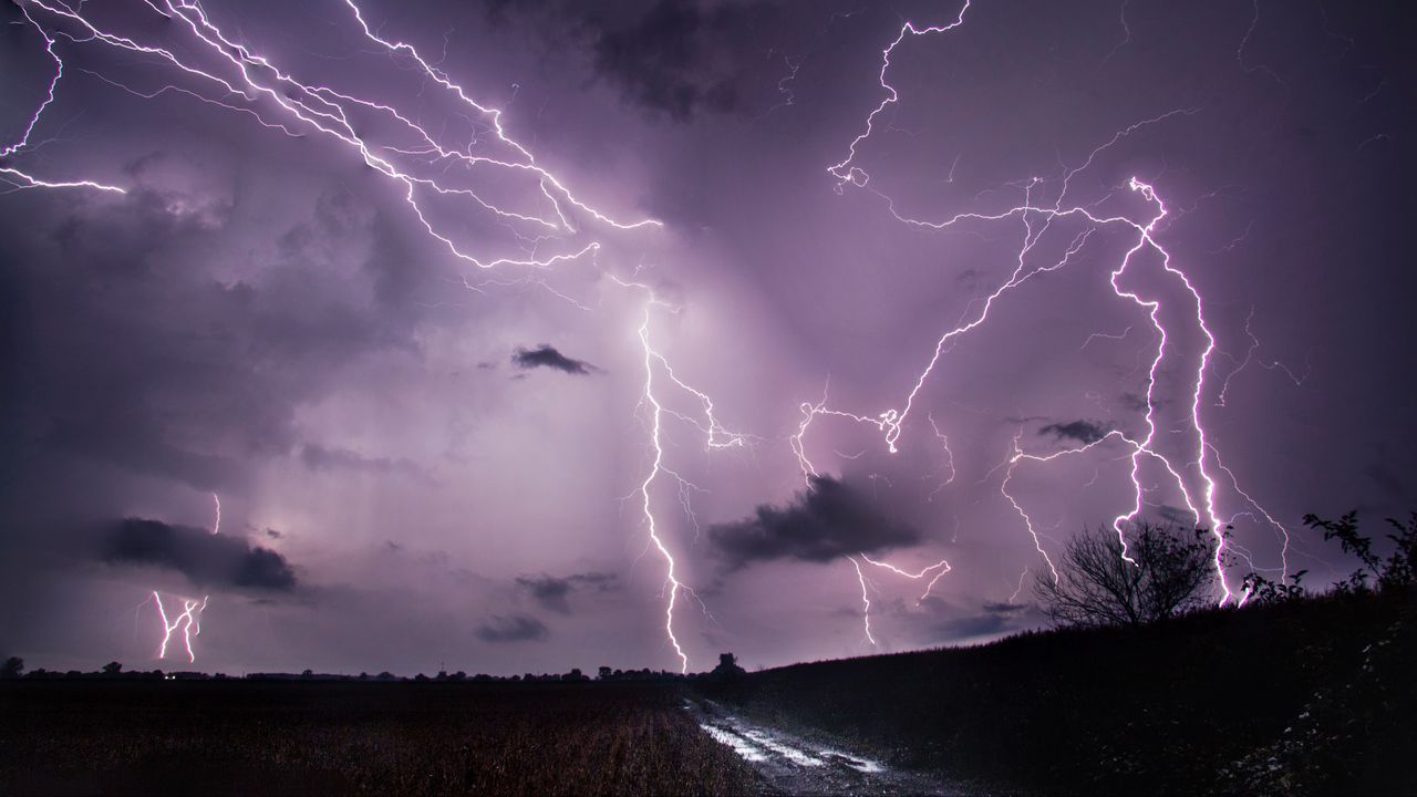 Wallpaper lightning, thunderstorm, road, field