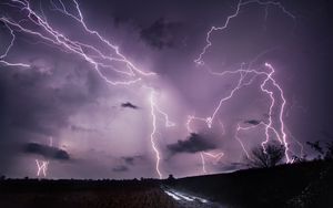 Preview wallpaper lightning, thunderstorm, road, field