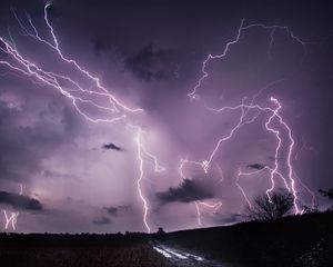 Preview wallpaper lightning, thunderstorm, road, field