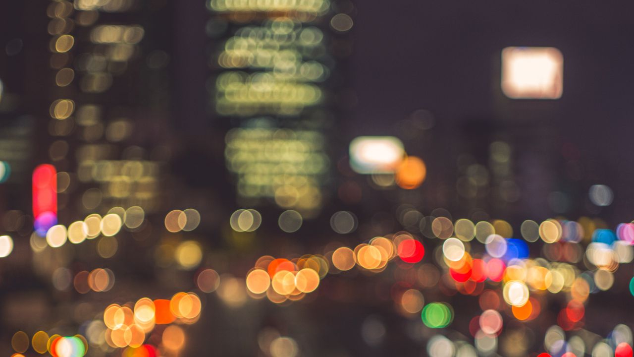 Wallpaper lights, bokeh, blur, city, cars, road