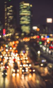 Preview wallpaper lights, bokeh, blur, city, cars, road