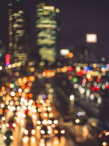 Preview wallpaper lights, bokeh, blur, city, cars, road