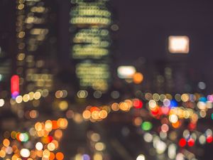 Preview wallpaper lights, bokeh, blur, city, cars, road