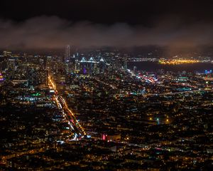 Preview wallpaper lights, buildings, road, night, city