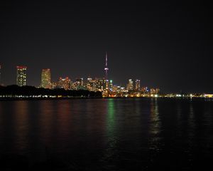 Preview wallpaper lights, buildings, tower, sea, night, city