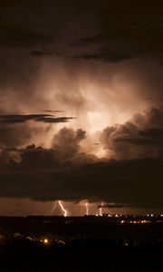 Preview wallpaper lights, city, lightning, clouds, night