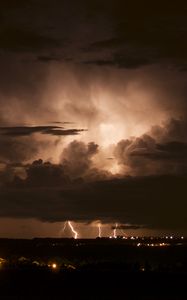 Preview wallpaper lights, city, lightning, clouds, night