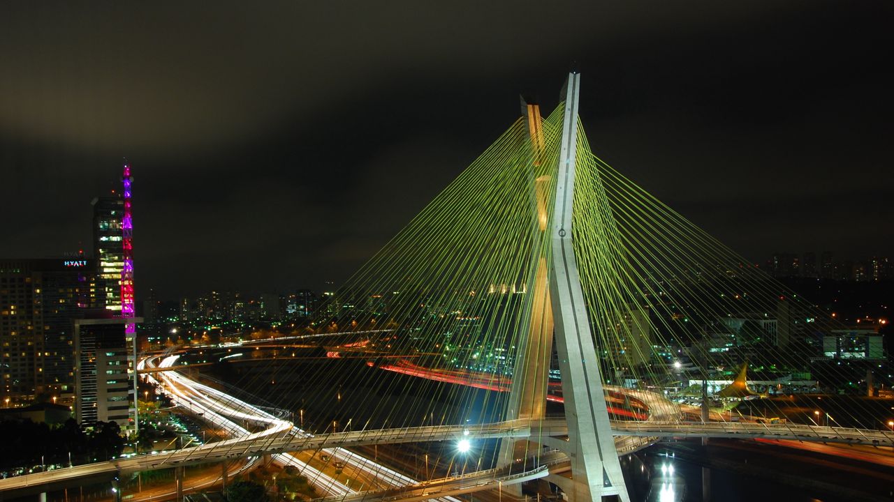 Wallpaper lights, road, city, bridge, river, brazil