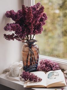 Preview wallpaper lilac, book, vase, comfort, window