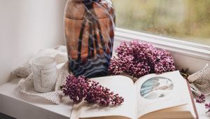 Preview wallpaper lilac, book, vase, comfort, window