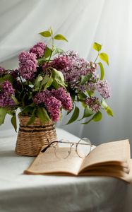 Preview wallpaper lilac, flowers, book, glasses