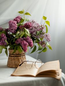 Preview wallpaper lilac, flowers, book, glasses